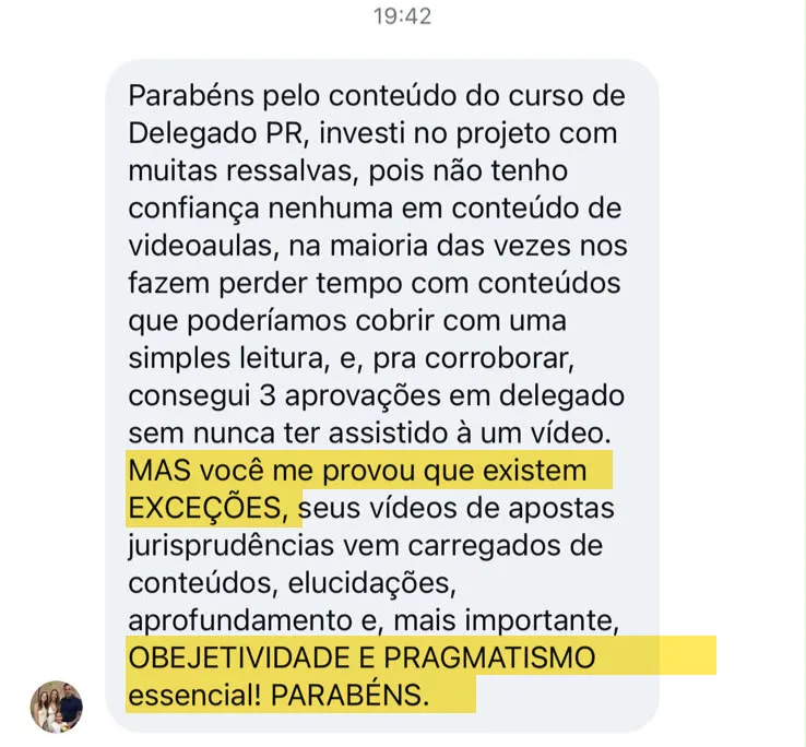 Depoimento de aluno aprovado em Delegado elogiando os vídeos de apostas de jurisprudência
